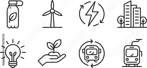 Eco Friendly Icons Bottle Wind Turbine Lightbulb and Electric Tram environment green