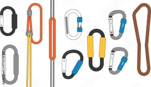 Carabiner,  outdoor gear, expedition tool, hardware accessory, climbing support, rope system, sport climbing, alpine gear, gear set, climbing connector, cad drawing flat vector illustration
