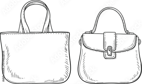 Handbag, purse, fashion accessory, leather bag, CAD drawing, vector illustration, technical sketch, buckle closure, tote design, stitching detail, product design