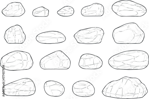 Create original Minimal sketch style cad rock, stone line drawing, Side view, set of graphics decorate elements outline symbol for architecture and landscape design drawing. Vector illustration in str