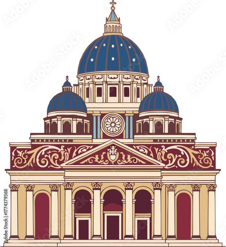 Ornate Stylized Pope Basilica Vector with Blue Domes and Baroque Details – Catholic Architecture