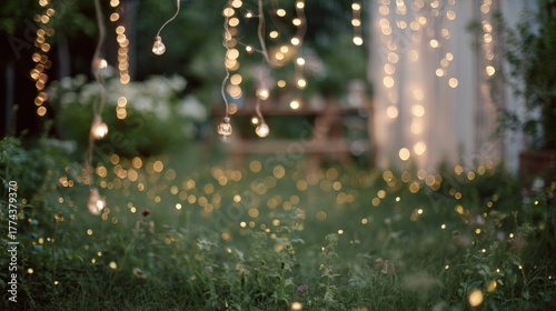 Fototapeta Naklejka Na Ścianę i Meble -  Garden with a string of fairy lights hanging from the ceiling. the lights are small and round, and they are strung in a way that creates a bokeh effect.