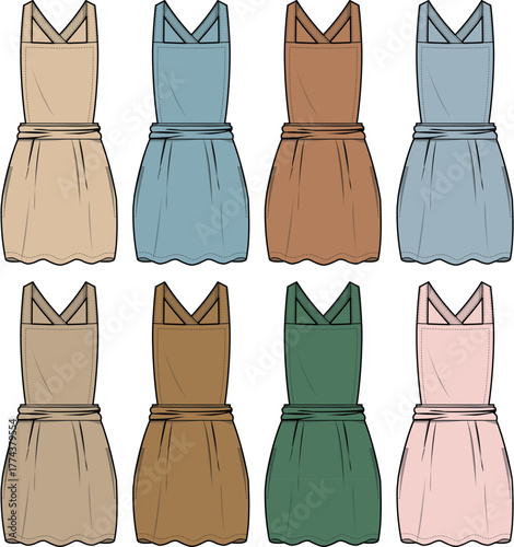 Set of colorful apron dress technical flat sketches for fashion design. Vector illustration of pinafore templates