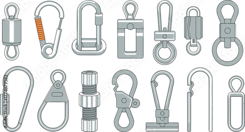 Metal clip and hook collection, hardware accessory design, flat vector illustration, CAD drawing, industrial fastener types, mechanical connector reference, garment construction element