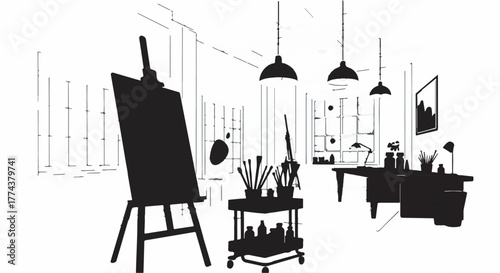 Artist's studio with easel, art supplies, and creative atmosphere.