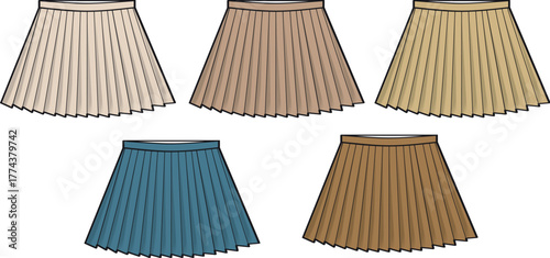 Various pleated skirts in a color palette for fashion and design inspiration