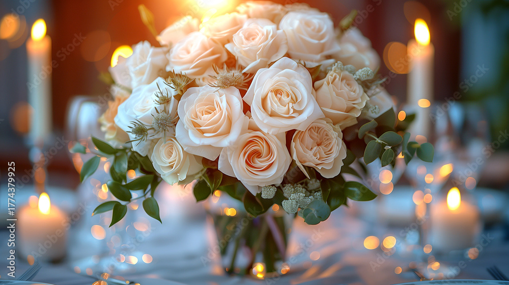 Obraz premium A table with a vase of white roses and candles