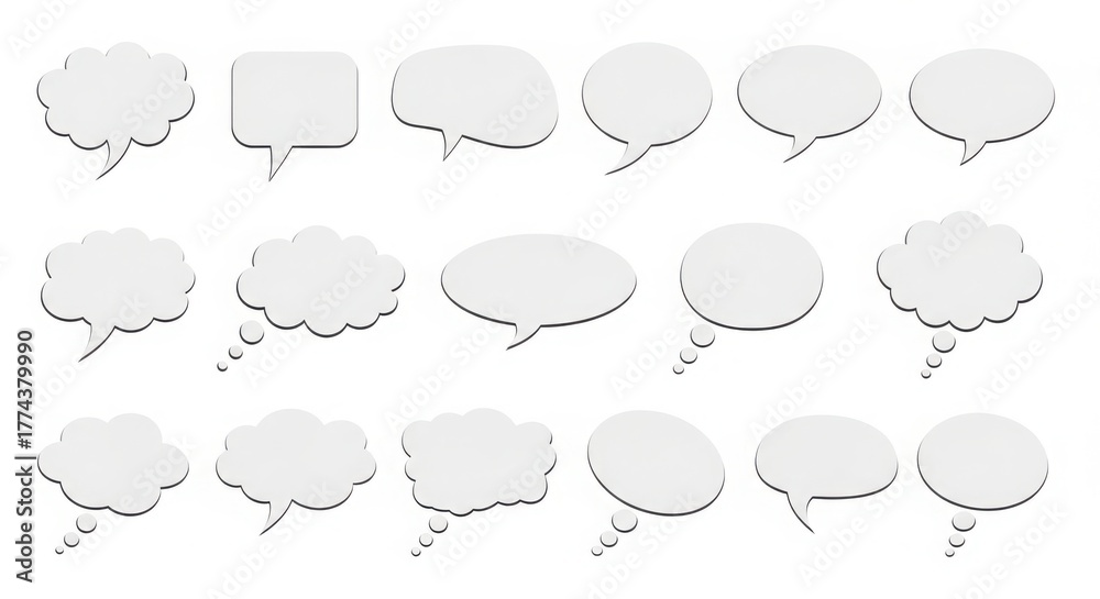 Fototapeta premium Collection of white blank speech bubbles different shapes and styles for communication and ideas illustration
