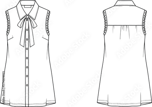 Technical flat sketch of sleeveless blouse, bow tie collar, button front, lace trim armhole, fashion design template, garment illustration, apparel drawing
