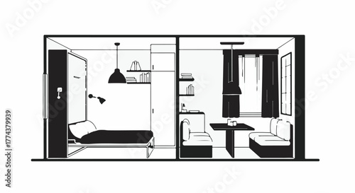 Minimalist studio apartment layout with living and sleeping areas