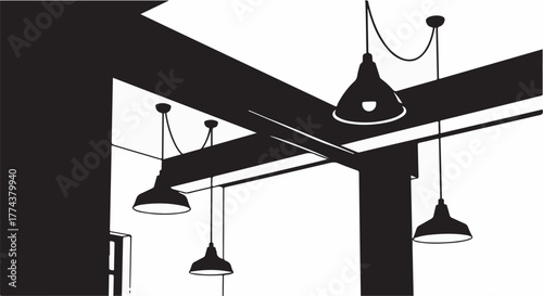 Modern industrial interior with pendant light fixtures hanging from ceiling beams