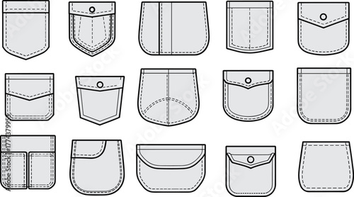 Pocket design technical sketch, fashion accessory template, garment construction detail, flat vector illustration, CAD drawing, apparel blueprint, sewing pattern, clothing element reference