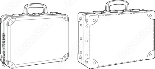 Suitcase, travel bag, hard shell, vintage luggage, CAD drawing, vector illustration, technical sketch, product design, corner detail, handle, rivets, stitching