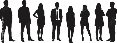 Business silhouettes, diverse professionals in suits, teamwork concept, leadership, office staff