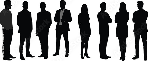 Business silhouettes, diverse professionals in formal attire, teamwork concept, leadership, office
