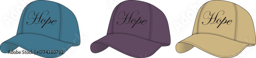 Three caps with the word Hope written on them in black script font, symbolizing optimism and perseverance
