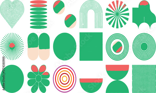 Abstract geometric shapes and organic forms in green and coral with accents vector
