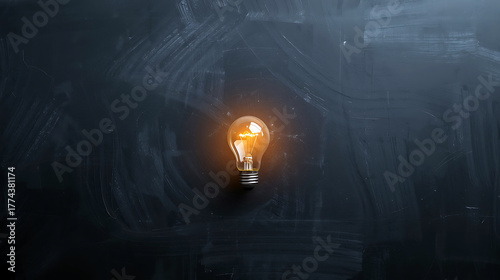 Glowing light bulb on a dark chalkboard, concept of idea and innovation