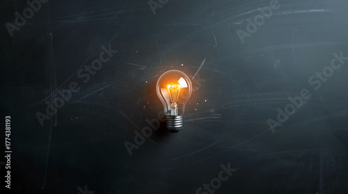 Glowing light bulb on a dark chalkboard, concept of idea and innovation