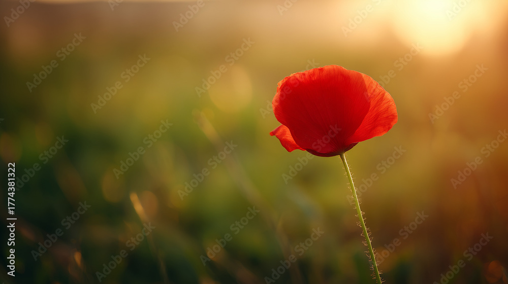 Obraz premium poppy. Close-up of a vibrant red poppy bathed in golden sunset light in a peaceful field. inspiring travel planning, gardening catalogs, designed for gardening and botanical catalogs.
