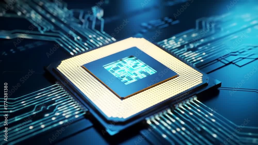 CPU on circuit board. Processing digital data in modern tech world, background of electronic circuits. Use in computer science