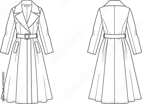 Technical flat sketch of women’s trench coat, front and back view, belted waist, notched lapel, flap pockets, fashion illustration, garment template