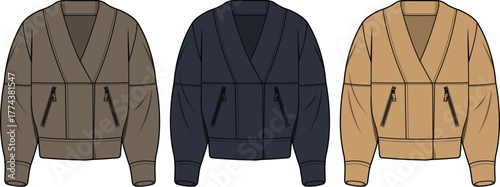 Stylish bomber jacket designs in various colors showcasing modern apparel fashion concepts