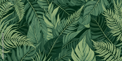 Foto Lush tropical foliage creates an exotic, vibrant jungle vibe perfect for adding