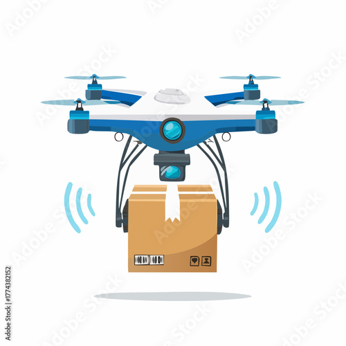 Blue and White Drone Delivering Cardboard Package.