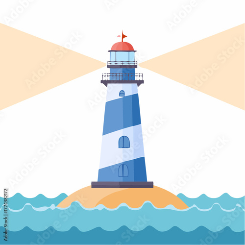 Blue and White Striped Lighthouse on Small Island with Beams of Light.