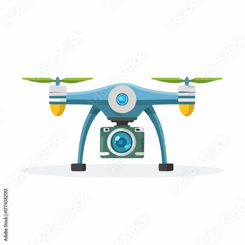Blue Camera Drone with Green Propellers and Attached Camera.