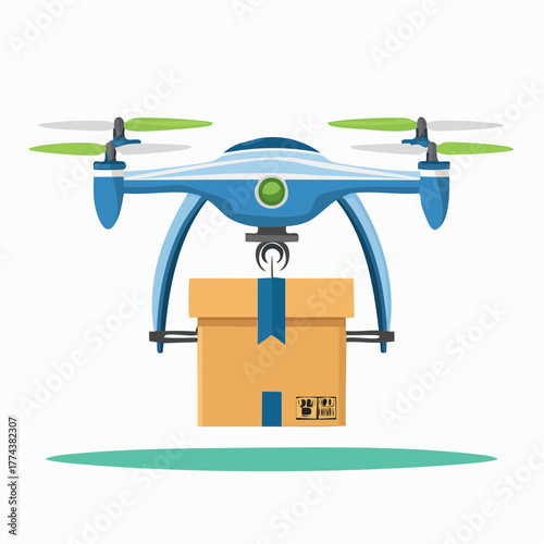 Blue Drone Delivering Cardboard Box Package.