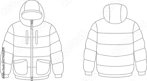 Technical puffer jacket sketch, front and back view, hooded winter coat, zippered chest pockets, flap patch pockets, quilted design, vector drawing, outerwear illustration