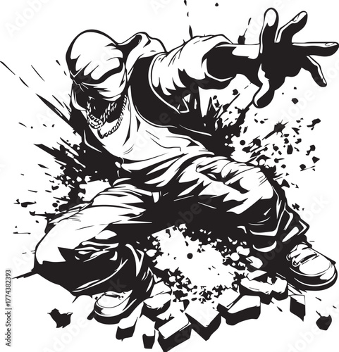 Urban Rhythm and Artistry: A dynamic illustration of a street dancer, expressing energy, skill, and creative flair in an urban environment.