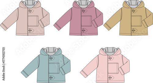 A collection of colorful children's hooded jackets shown in a flat vector illustration style. Kids fashion apparel set in pastel colors