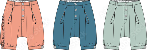 Three stylish pairs of colored fashion shorts, perfect for summer casual wear and design projects