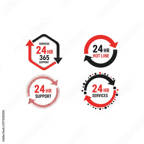 Set of 24-hour service, support, and hotline vector icons, illustrating constant business availability.