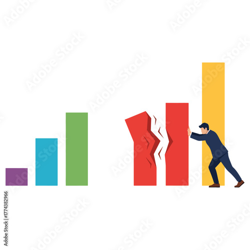 Businessman pushing a broken bar graph, striving to stabilize and align with positive growth, overcoming obstacles.