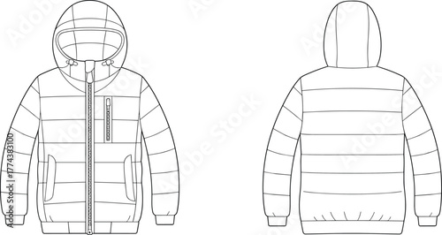 Technical puffer jacket illustration, front and back view, hooded winter coat, ribbed cuffs, zippered pockets, garment sketch, vector drawing, outerwear designv
