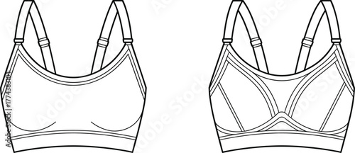 Technical sketch of sports bras, front view comparison, adjustable straps, wide underband, seam detail, fashion illustration, activewear design, garment drawing