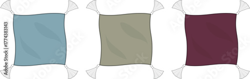 Three textile fabric swatches with rounded corners and stitched details, presented in blue, beige, and burgundy, on a white background