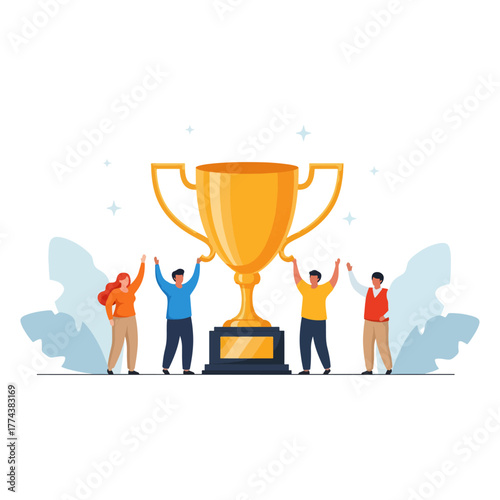 Team of happy diverse people celebrating success together with a huge golden winner's trophy