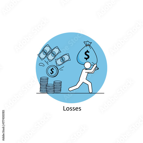 Financial burden, man carrying heavy money bag, decreasing wealth, economic decline, business losses, income reduction.