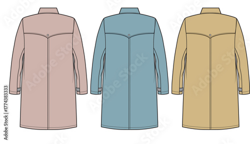 Back view technical fashion flats of classic trench coats. Three versatile long coats in soft pink, light blue, and earthy tan for apparel design and textile development
