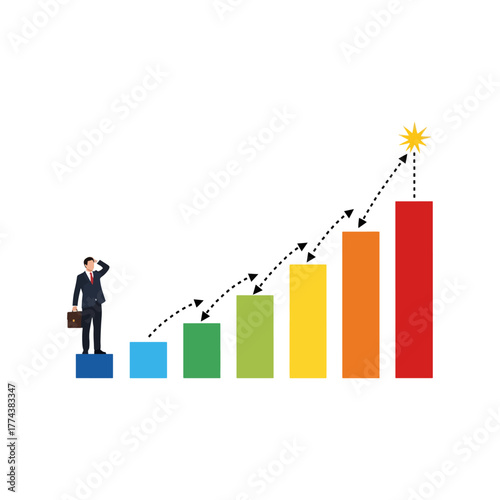 Businessman stands on a bar chart, contemplating the path to reach the shining star of success and career growth.