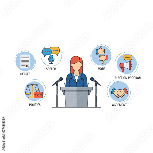 Government and politics concepts, female speaker giving public speech at podium, icons of decree, vote, program, agreement, justice