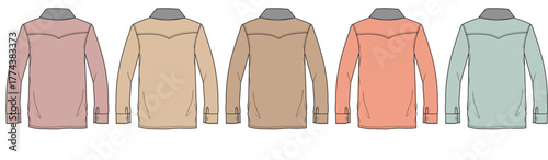 Fashion design technical flat sketch collection of long-sleeved Western shirts in multiple colorways, showing the back view