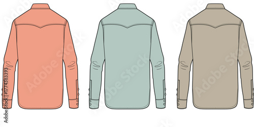 Three vector back views of classic long-sleeved Western shirts. Distinct muted colors, traditional pointed yokes, and detailed cuffs for fashion and apparel design