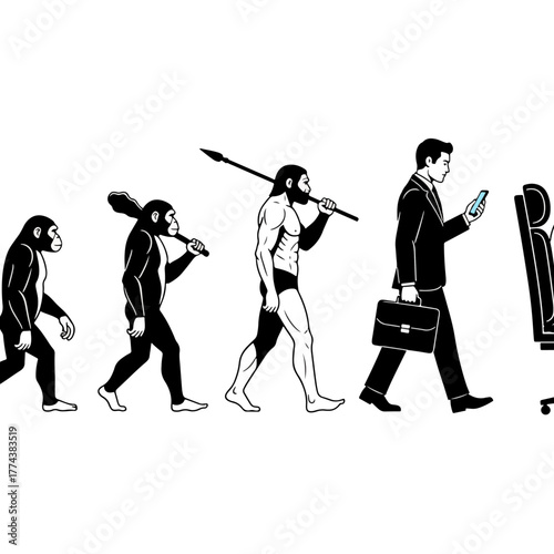 Human evolution stages from ape to modern businessman with smartphone, illustrating technological progression