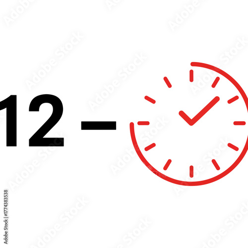 Number 12 and clock icon showing time concept, visual representation of twelve hours duration